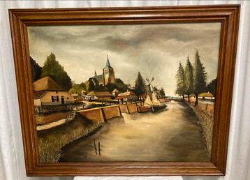 Klassiek Schilderij Dorpsgezicht met Kerk en Molens Olieverf beschikbaar voor biedingen