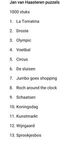 Jan van Haasteren puzzels
1000 stuks, Hobby en Vrije tijd, Denksport en Puzzels, Ophalen, 500 t/m 1500 stukjes, Zo goed als nieuw