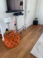 Oranje  ronde velours poef, met glasplaat., Huis en Inrichting, Ophalen, Zo goed als nieuw, Minder dan 10 m², Tapijttegels