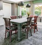 Handgemaakte, antracietgrijze eiken eethoektafel, Huis en Inrichting, Ophalen, Gebruikt, 4 tot 6 stoelen