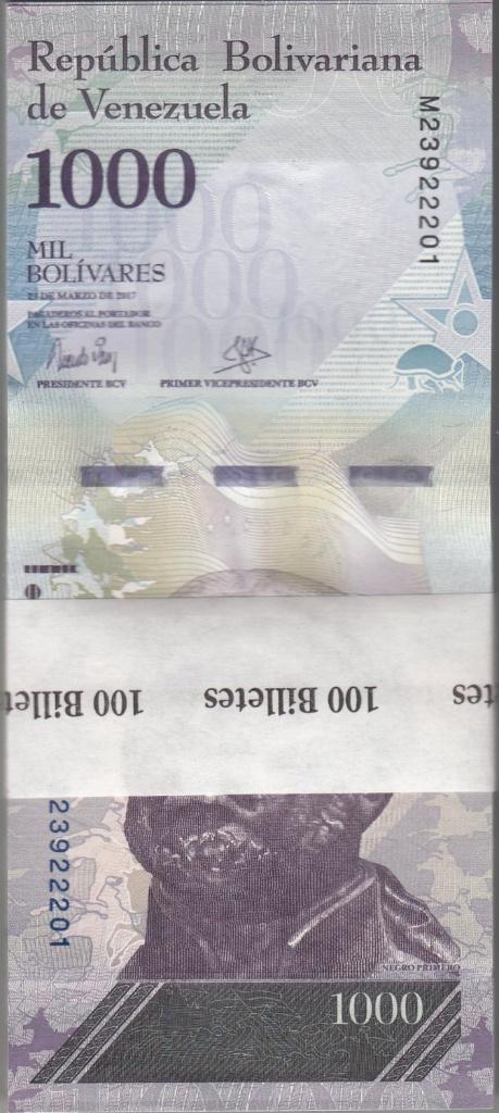Venezuela Bankbiljet 1000 Bolivares 2017 UNC bundel van 100, Postzegels en Munten, Bankbiljetten | Amerika, Los biljet, Zuid-Amerika