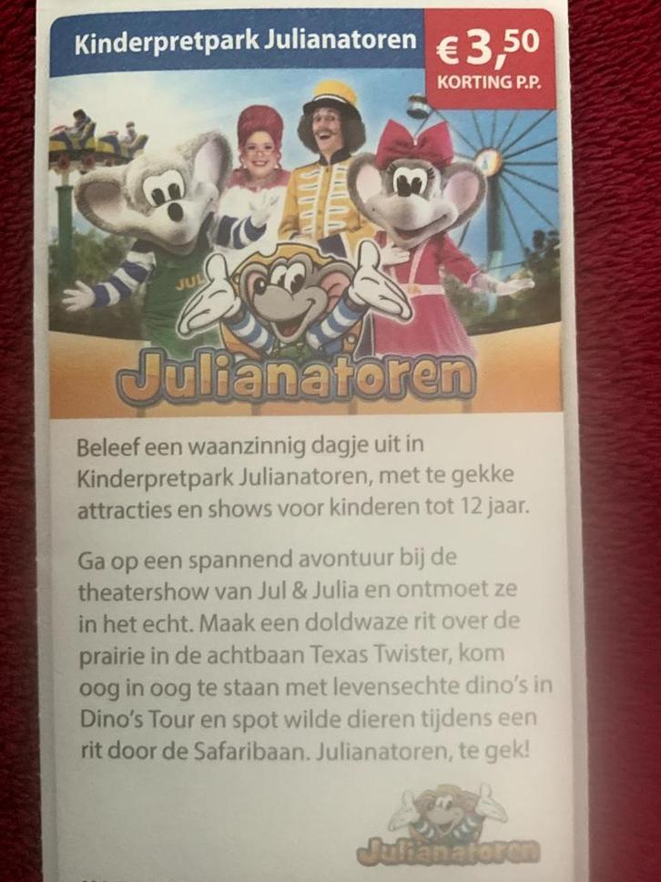 Kinderpretpark Julianatoren Apeldoorn Voordeelbon, Tickets en Kaartjes, Recreatie | Pretparken en Attractieparken, Drie personen of meer