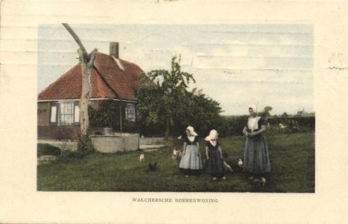 Walchersche Boerenwoning - vrouw meisjes kippen - 1911 gelop, Verzamelen, Ansichtkaarten | Nederland, Gelopen, Noord-Holland, Voor 1920