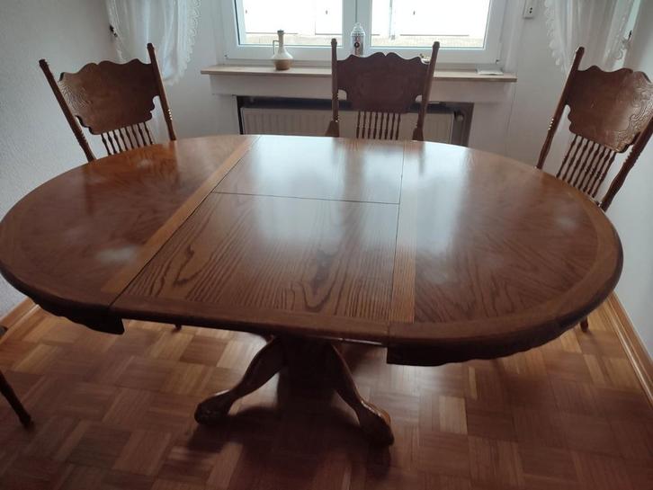 Jaren '60 eettafel met 6 stoelen - diameter 90 - 120cm, Huis en Inrichting, Complete eetkamers, Zo goed als nieuw, 4 tot 6 stoelen