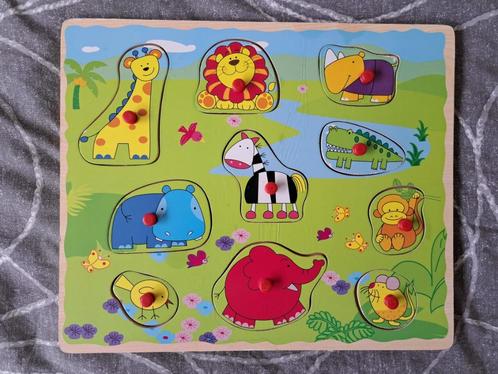 Houten puzzel dierentuin: olifant, giraf, zebra, aap, vogel, Kinderen en Baby's, Speelgoed | Kinderpuzzels, Gebruikt, 6 maanden tot 2 jaar