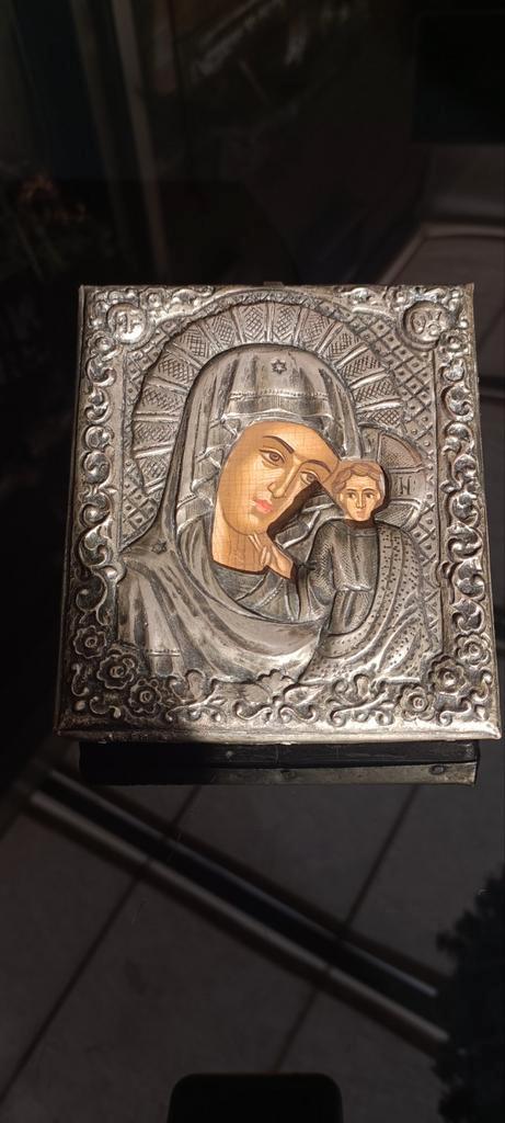 Antiek Byzantijnse icoon in zilveren lijst., Antiek en Kunst, Antiek | Religie, Ophalen of Verzenden