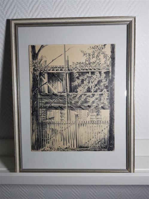 A. W. Kreulen, bouwplaats, tekening, gesigneerd, Antiek en Kunst, Kunst | Tekeningen en Foto's, Ophalen of Verzenden