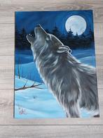 Prachtig schilderij huilende wolf in de sneeuw, Minder dan 50 cm, Schilderij, Ophalen of Verzenden, Zo goed als nieuw