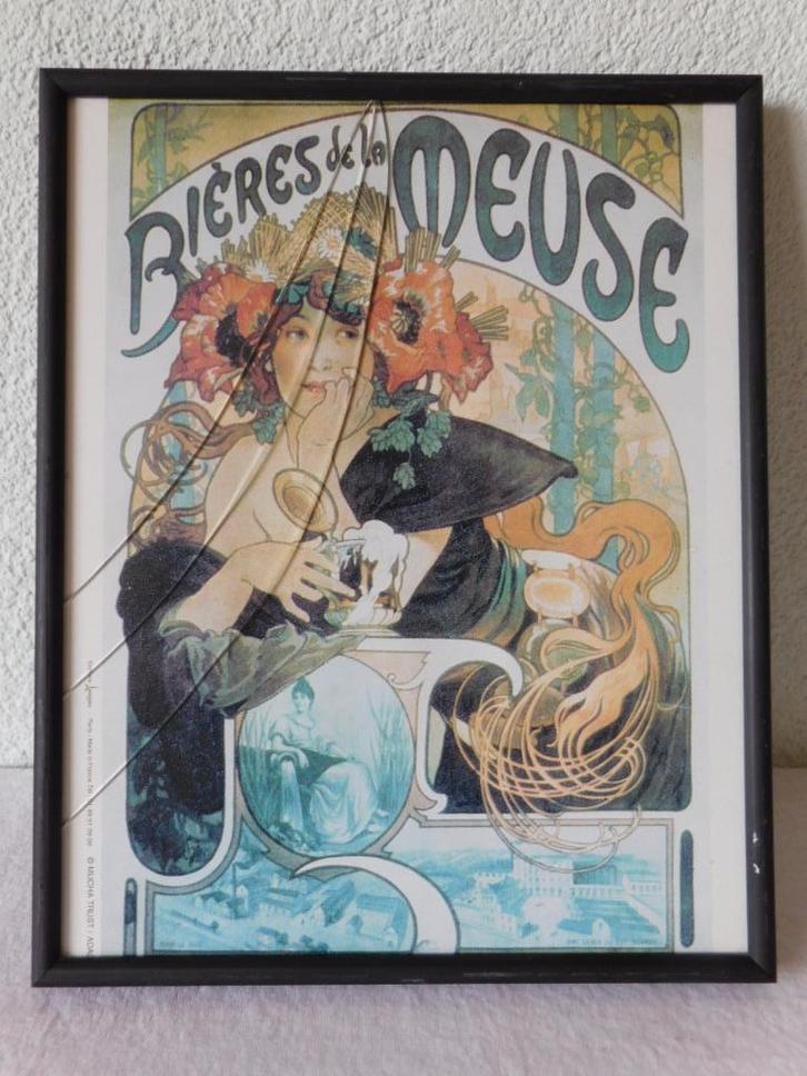 Schilderijtje van Alphonse Mucha, Bières de la Meuses, zwart, Huis en Inrichting, Woonaccessoires | Schilderijen, Tekeningen en Foto's