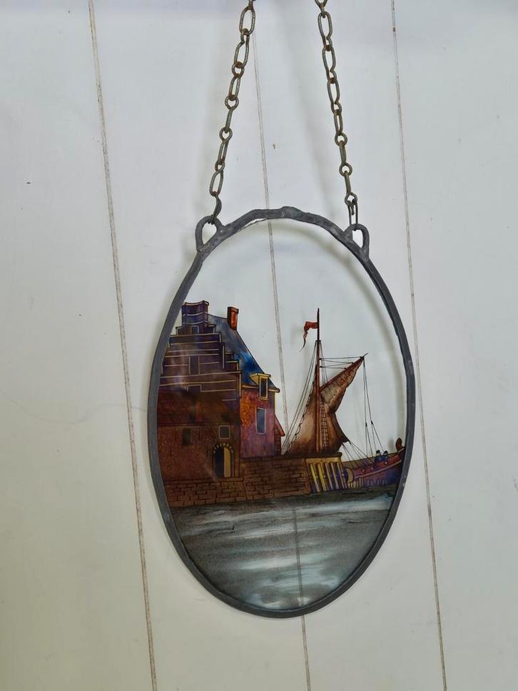 Raamhangers glas in lood, havengezichten, Antiek en Kunst, Antiek | Glas en Kristal, Ophalen of Verzenden