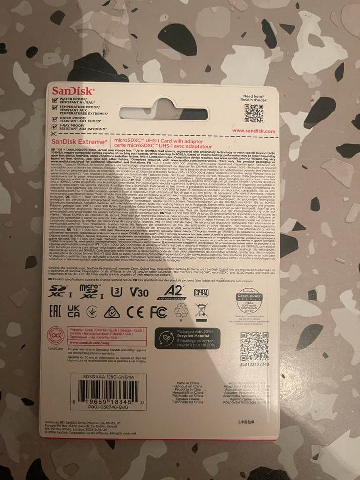 SanDisk Extreme, Audio, Tv en Foto, Fotografie | Geheugenkaarten, Zo goed als nieuw, 128 GB, Ophalen of Verzenden