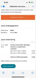 Aangeboden, tickets voor concert Elvis in Venray 18 nov, Tickets en Kaartjes, Concerten | Overige, Twee personen, November