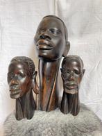 Set van 3 Afrikaanse houten beelden handgesneden, Antiek en Kunst, Kunst | Beelden en Houtsnijwerken, Ophalen of Verzenden