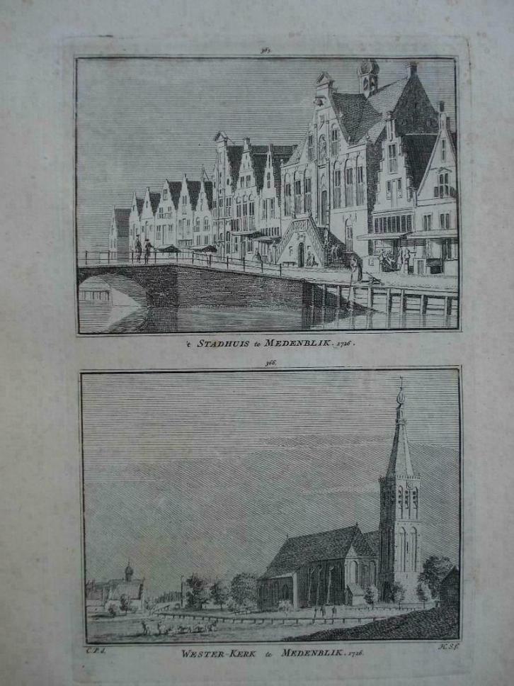 365-366 Medemblik  Stadhuis en Westerkerk  Kopergravure 1752, Antiek en Kunst, Kunst | Etsen en Gravures, Ophalen of Verzenden