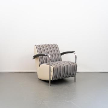 2x Leolux Scylla Fauteuil Laag Gestreepte Stof - Wit Leer beschikbaar voor biedingen
