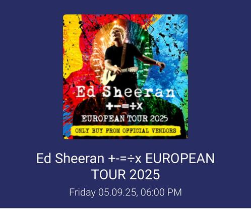 Tickets Ed Sheeran European Tour Rij 16, Stoel 7 & 8, Tickets en Kaartjes, Concerten | Overige, Twee personen, Augustus