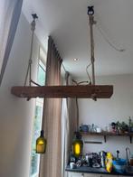 Handmade woden lamp with bottles, Huis en Inrichting, Lampen | Hanglampen, Ophalen, Gebruikt, Glas, 50 tot 75 cm