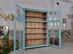Grote Vintage Vitrinekast Blauw Vitrine Kast Turquoise Hout, Huis en Inrichting, Met deur(en), 150 tot 200 cm, 25 tot 50 cm, Glas