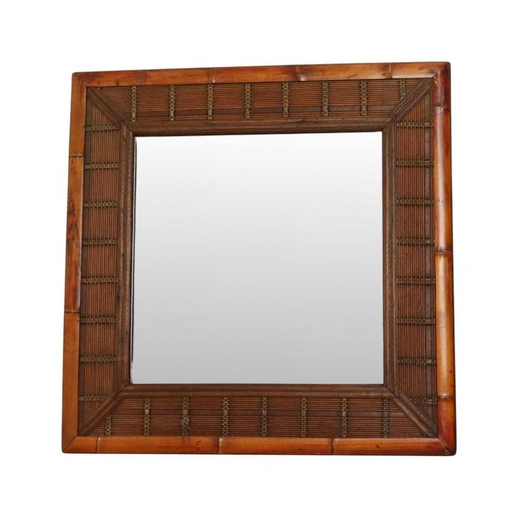 Vintage Vierkante Bamboe en Rotan Spiegel Boho 70cm, Huis en Inrichting, Woonaccessoires | Spiegels, Gebruikt, 50 tot 75 cm, Minder dan 100 cm