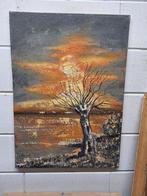 Mooi schilderij met een Ondergaande Zon, Antiek en Kunst, Kunst | Schilderijen | Klassiek, Ophalen of Verzenden