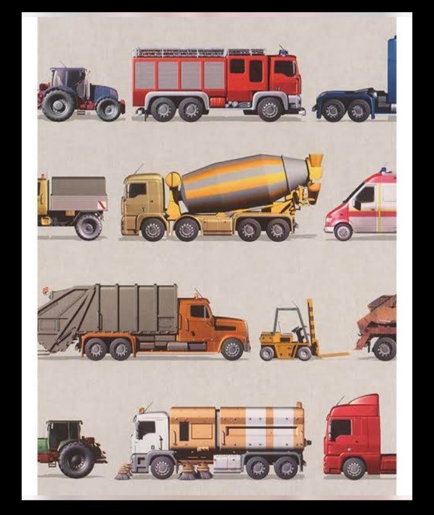 Werkvoertuigen Behang - Nieuw!, Huis en Inrichting, Stoffering | Behang, Blauw, Rood, Wit, Zwart, Bruin, Geel, Grijs, Oranje, 10 tot 25 m²