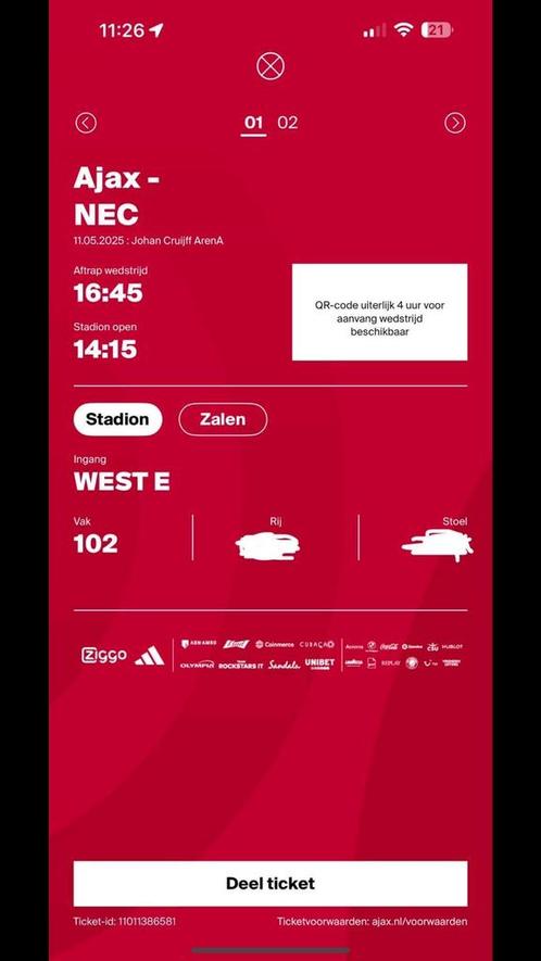 AJAX-NEC, Tickets en Kaartjes, Sport | Voetbal, Twee personen, Maart