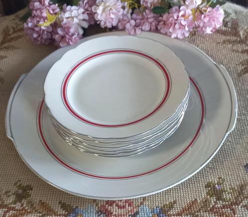 Mooi brocant gebakstel, 1+6, rood en zilverrandjes, Deens, Antiek en Kunst, Curiosa en Brocante, Ophalen of Verzenden