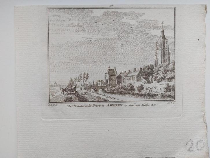 496 / De Heukelumse Poort te Asperen op Leerdan gezien, Antiek en Kunst, Kunst | Etsen en Gravures, Ophalen of Verzenden