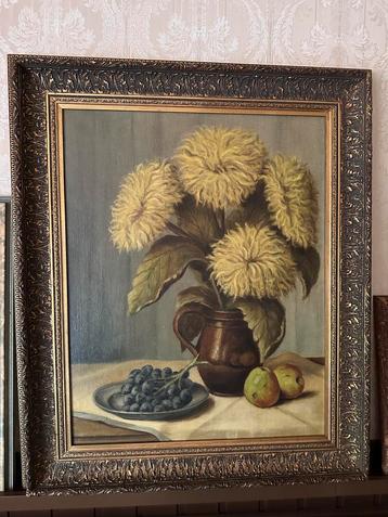 Klassiek Stilleven Schilderij met Bloemen en Fruit beschikbaar voor biedingen