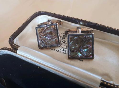 Vintage GOLD ON SILVER Manchetknopen m. Abalone. GRATIS Verz, Sieraden, Tassen en Uiterlijk, Antieke sieraden, Manchetknopen, Zilver