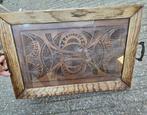 Antiek houten dienblad met houtsnijwerk en glasplaat 50 x 34, Ophalen of Verzenden, Gebruikt, Rechthoekig, Hout