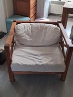 Houten fauteuil met kussens, Huis en Inrichting, Fauteuils, Ophalen, Hout, 75 tot 100 cm, Zo goed als nieuw