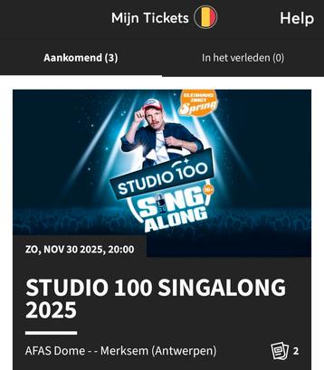 2 kaartjes studio 100 singalong Zondag 30 november  beschikbaar voor biedingen