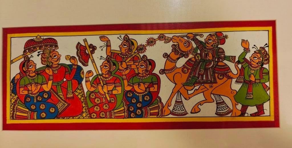 Handgeschilderd Indiaas folk art schilderij - ingelijst, Ophalen of Verzenden