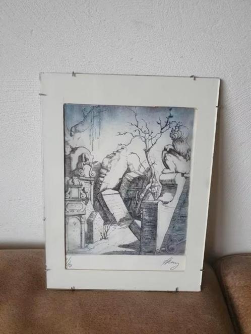 Ets Henk Huig zicht op vervallen kerkhof., Antiek en Kunst, Kunst | Etsen en Gravures, Ophalen