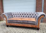 Chesterfield bank cognac kleur leer met grijze stof., Chesterfield, Nieuw, 75 tot 100 cm, Ophalen