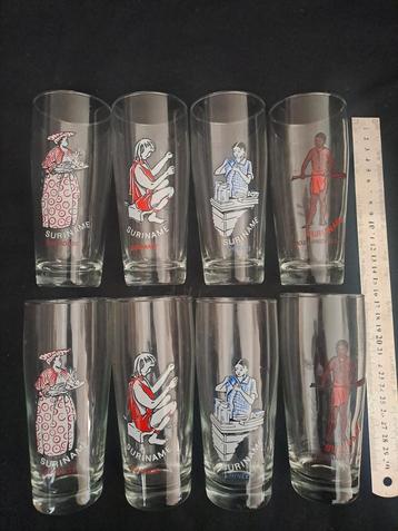 Se of 8 Vintage Suriname glasses. 4 Ethnic people designs 40 beschikbaar voor biedingen