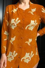 Vintage oranje tuniek met qipao kraag en bloemenprint, Maat 38/40 (M), Oranje, Ophalen of Verzenden, Vintage