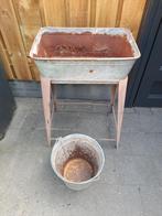 zinken bloembak met onderstel + zinken emmer, Tuin en Terras, Bloembakken en Plantenbakken, Ophalen, Gebruikt, Minder dan 60 cm