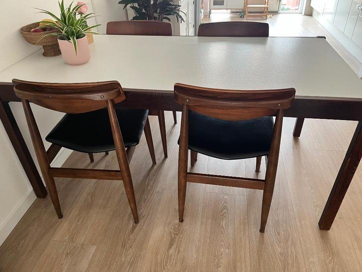4x Vintage TopForm Nederlands merk eetkamerstoelen, Huis en Inrichting, Stoelen, Gebruikt, Vier, Hout, Leer, Bruin, Ophalen