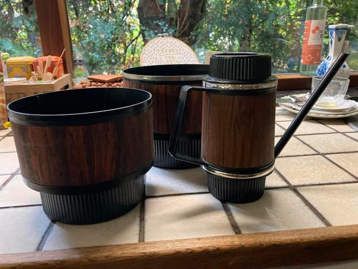 Vintage schultz gieter en bloempotten, houtnerf look retro, Antiek en Kunst, Curiosa en Brocante, Ophalen of Verzenden