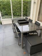 Tuintafel met 6 stoelen + poef (incl. zwarte kussens), Tuin en Terras, Tuinsets en Loungesets, Ophalen, Overige materialen, Gebruikt