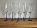 5 champagne glazen, flutes met blauwe voet, steel., Ophalen of Verzenden