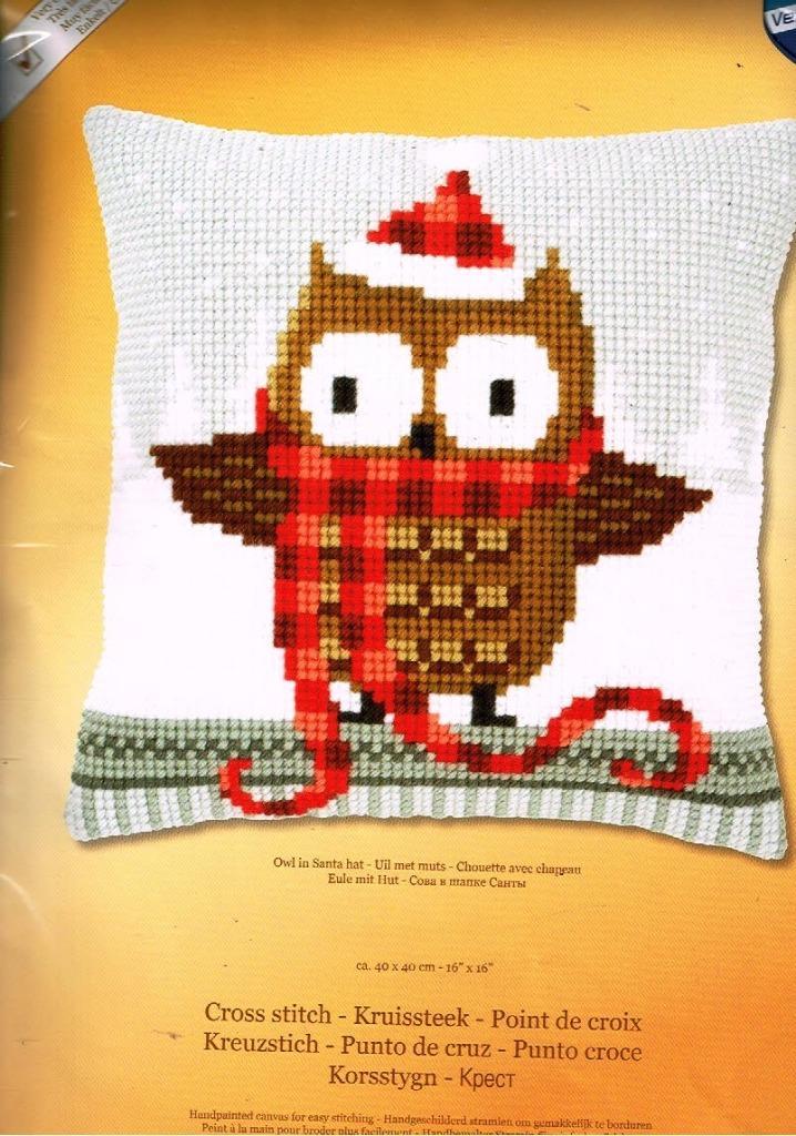 Cado vervaco borduurpakket kussen, uil met muts, kerst, Hobby en Vrije tijd, Borduren en Borduurmachines, Nieuw, Borduurpakket
