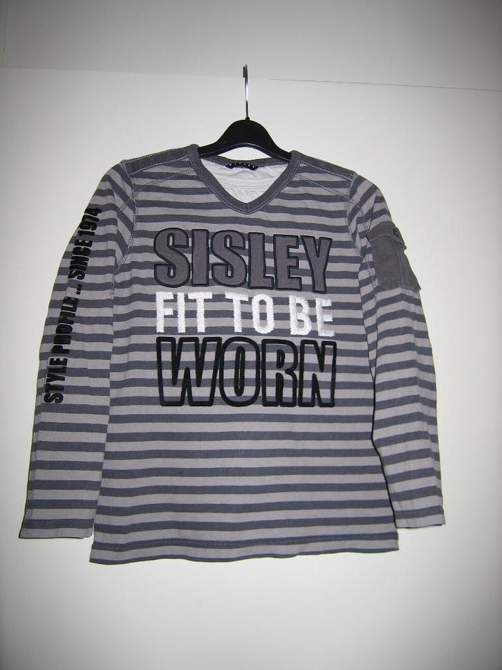 Sisley longsleeve kaki/naturel leuke details maat M-128, Kinderen en Baby's, Kinderkleding | Maat 128, Zo goed als nieuw, Jongen of Meisje