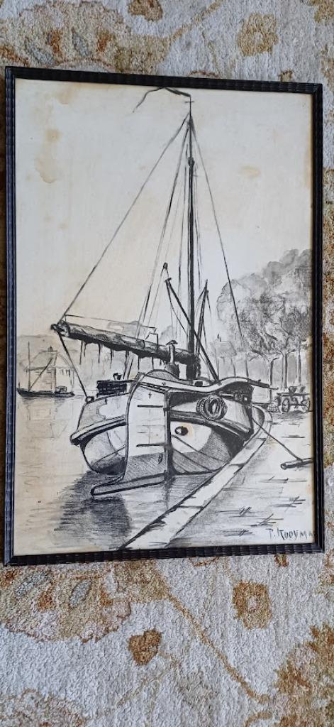 Pim Kooyman, Botter in stadshaven Friesland? jaren '70, Antiek en Kunst, Kunst | Tekeningen en Foto's, Ophalen of Verzenden