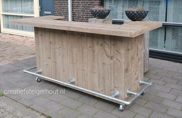 Bar op wielen buitenbar steigerhout buizen koelkast tuin 