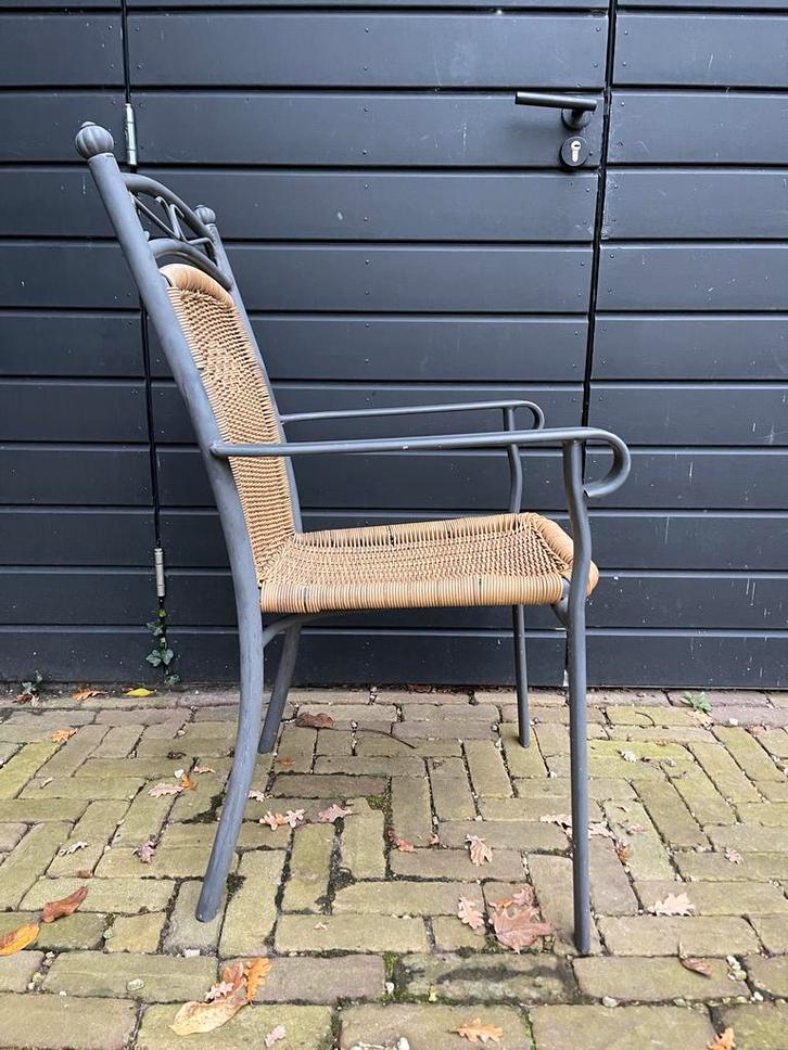 55 Stapelbare terrasstoelen rotan/metaal, Tuin en Terras, Tuinstoelen, Gebruikt, Metaal, Stapelbaar, Ophalen
