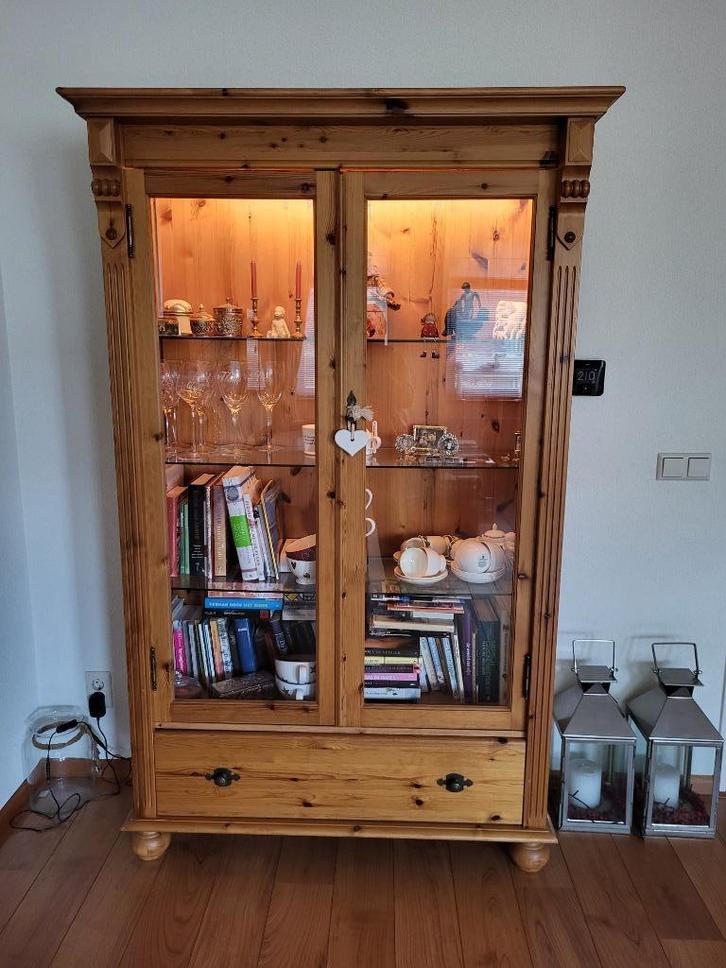grenen vitrinekast, Huis en Inrichting, Kasten | Vitrinekasten, Gebruikt, 150 tot 200 cm, 100 tot 150 cm, 25 tot 50 cm, Met lade(s)