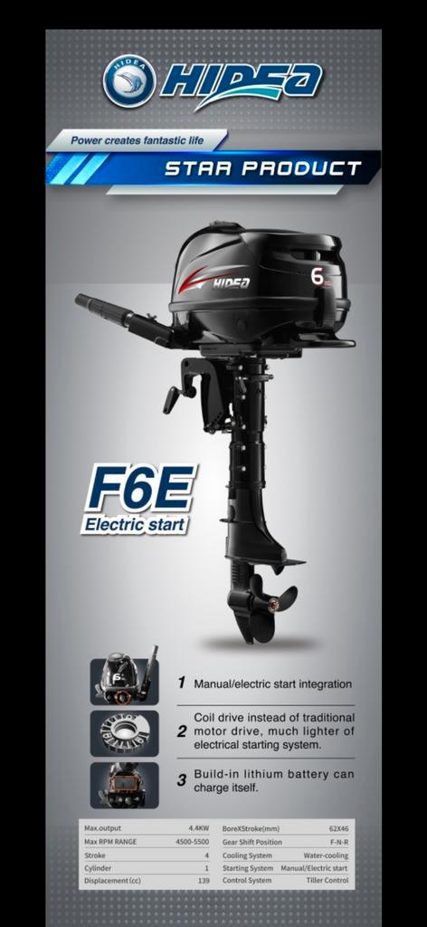 Hidea 6pk 4takt e-start met ingebouwde accu 5 jr garantie, Watersport en Boten, Buiten- en Binnenboordmotoren, Zo goed als nieuw